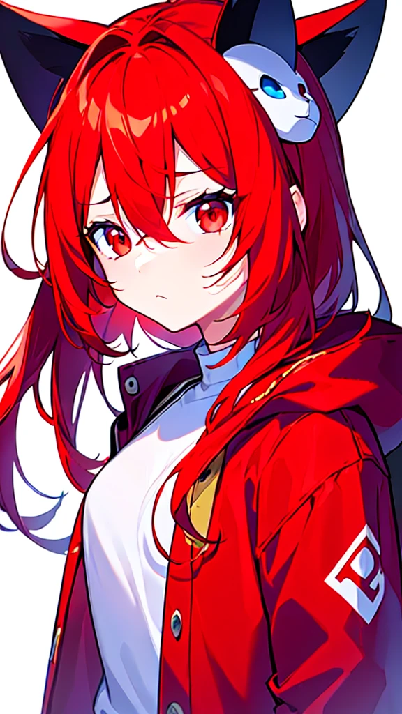 [(WHITE BACKGROUND:1.5),::5], ((((masterpiece)))), high quality, ultra very high resolution, full color, (((solo))), ((younger girl)), red long hair, (Red eyes), anime, ((upper body)), Blue parka, frown face,