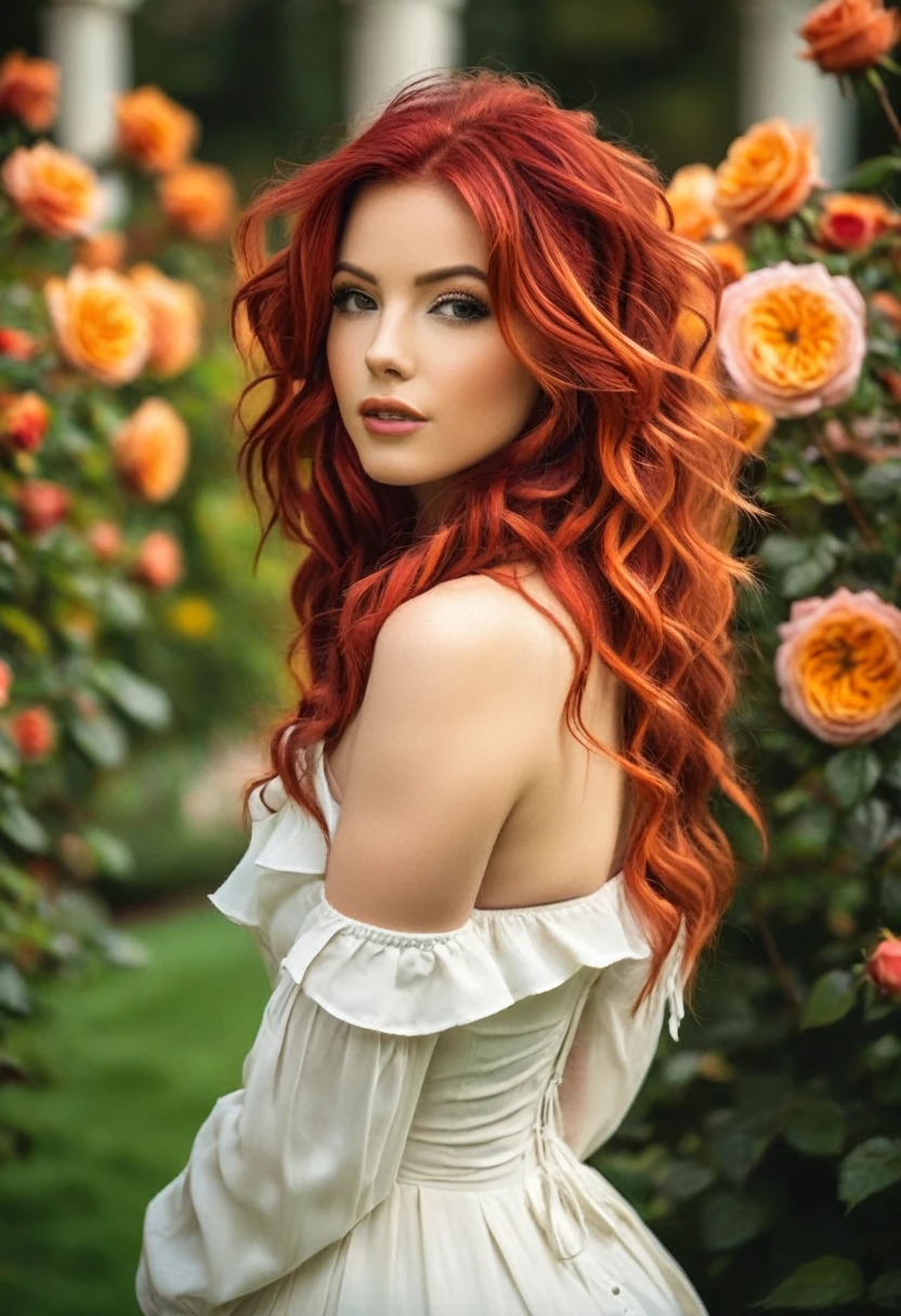 a beautiful woman with red hair in the rose garden