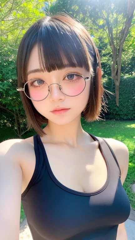 Beautiful and fair、Glowing Skin, 3 Up, nice, bright, whole body、Refreshing and gentle look, Perfect beautiful face、Beautiful shiny bangs, Very beautiful 17 year old girl, eyeliner, Very perfect eyes,Very large breasts,The original skin is visible through the grooveuscular body,Yoga Wear、Silver glasses