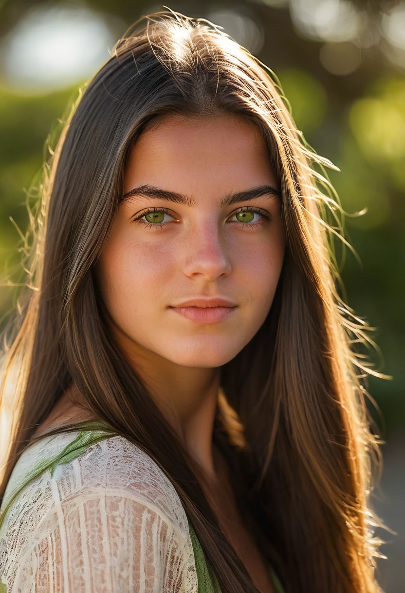A photorealistic portrait of a 20-year-old Portuguese girl with long, smooth hair and striking green eyes. She should have a natural, approachable expression and be illuminated by soft, golden-hour sunlight. The background should be a scenic outdoor setting, perhaps a sunlit park or beach. Capture this image with a high-resolution photograph using an 85mm lens for a flattering perspective.