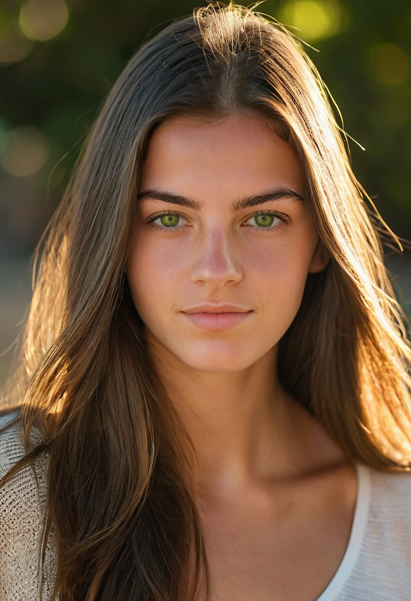A photorealistic portrait of a 20-year-old Portuguese girl with long, smooth hair and striking green eyes. She should have a natural, approachable expression and be illuminated by soft, golden-hour sunlight. The background should be a scenic outdoor setting, perhaps a sunlit park or beach. Capture this image with a high-resolution photograph using an 85mm lens for a flattering perspective.