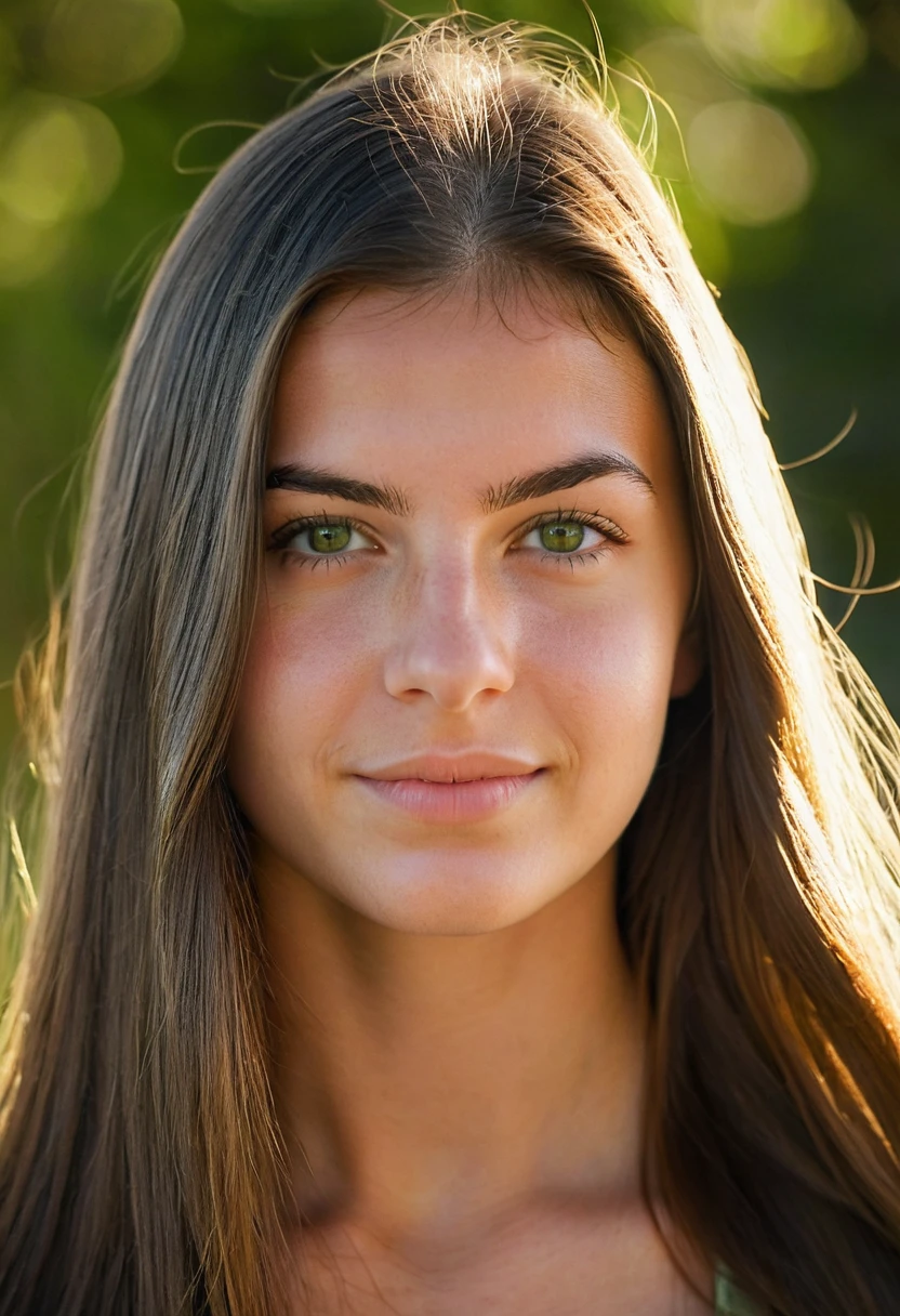 A photorealistic portrait of a 20-year-old Portuguese girl with long, smooth hair and striking green eyes. She should have a natural, approachable expression and be illuminated by soft, golden-hour sunlight. The background should be a scenic outdoor setting, perhaps a sunlit park or beach. Capture this image with a high-resolution photograph using an 85mm lens for a flattering perspective.