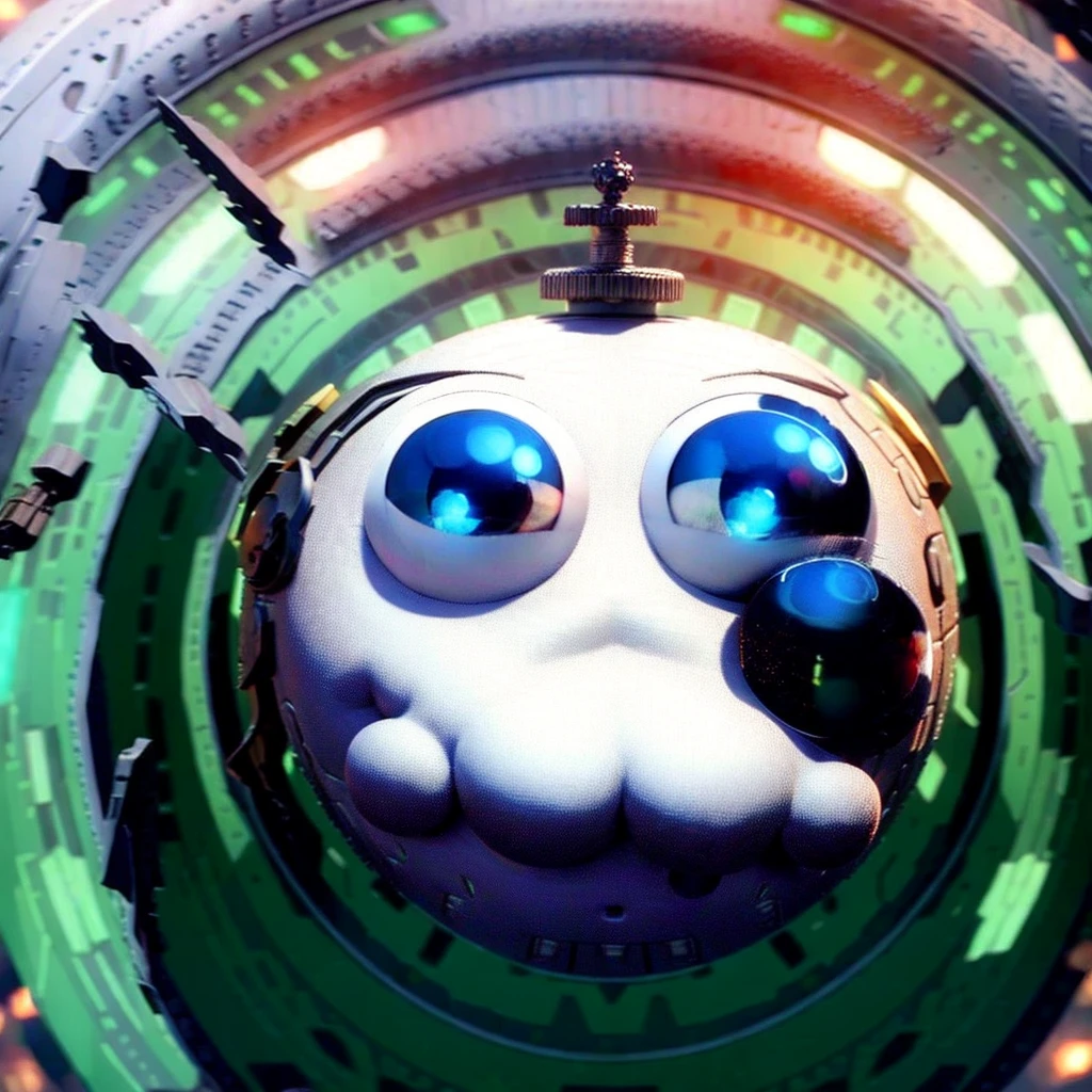 a robotic planet, round planet, with a white cat's face, covered with gray metal armor, symbol on the armor, a cylindrical robot on its head, blue holographic spikes levitating around it, in a galaxy 