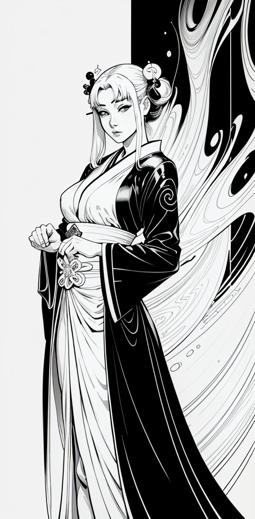 (comic style), (colored line art:1.5), (1girl:1.3), ((black and white)), hanfu, geisha, ((zen)), (masterpiece, top quality, best quality), extreme detailed background, good composition, good anatomy, perfect lighting, good shading, zen calligraphy, (realistic:1.3), , nude