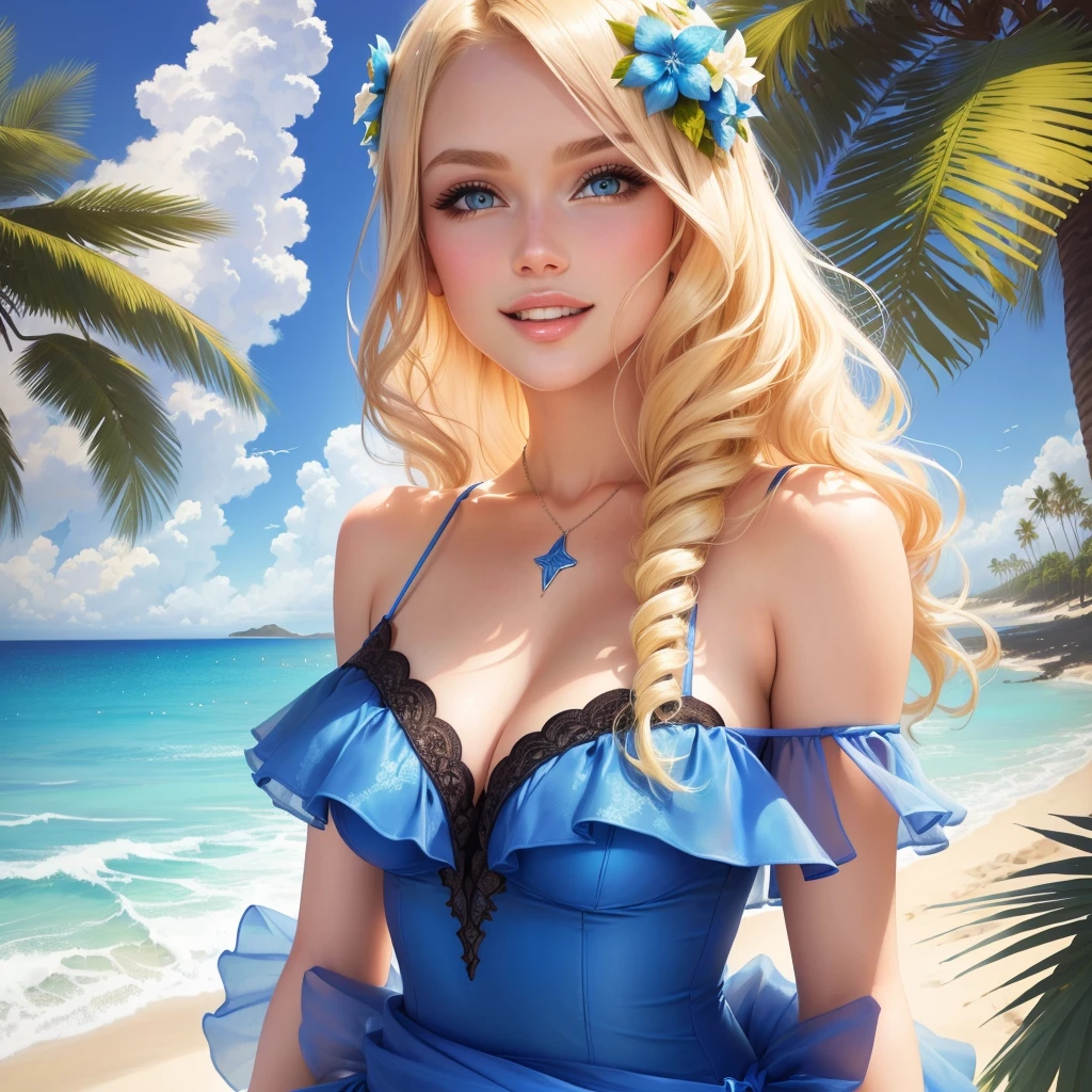 woman in a blue dress stands on the beach next to a palm tree, beautiful blonde, gorgeous young model, beautiful female model, очень beautiful model, beautiful model, gorgeous blonde, blonde goddess, beautiful model girl, beautiful blonde, Attractive girl, cute young woman, posing on the beach by the ocean, swimsuit model, gorgeous woman