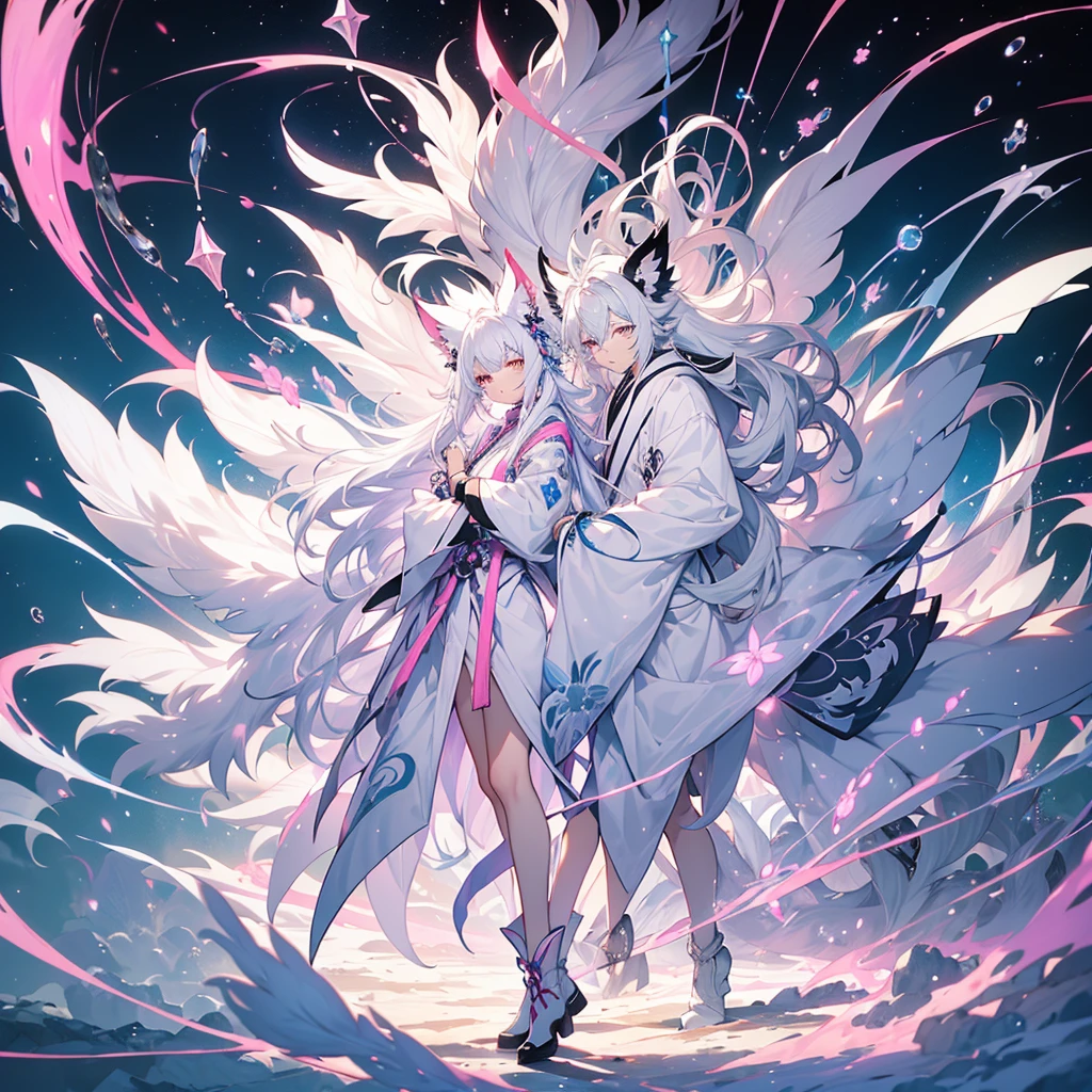White hair,A little bit of pink,Nine-tailed fox beastman with light blue and lavender hair,White robe,White gauze outer,male,Nineteen years old,Wearing gloves on left hand,Black boots。