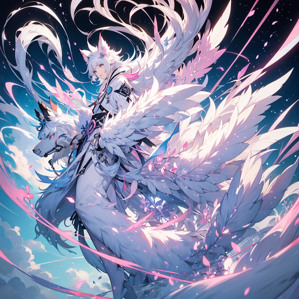 White hair,A little bit of pink,Nine-tailed fox beastman with light blue and lavender hair,White robe,White gauze outer,male,Nine,Wearing gloves on left hand,Black boots。