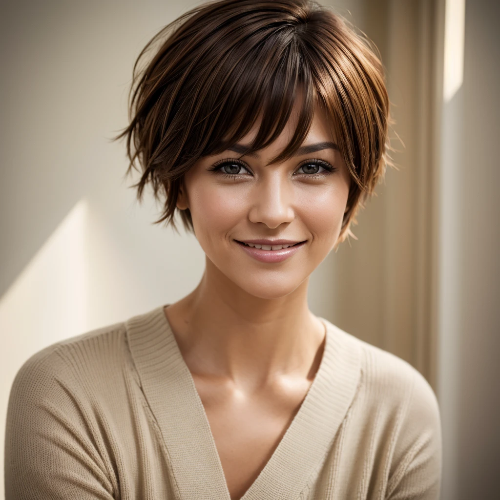 color portrait beautiful thirty year old woman, short hair modern cut, light brown color, staring at the camera smiling