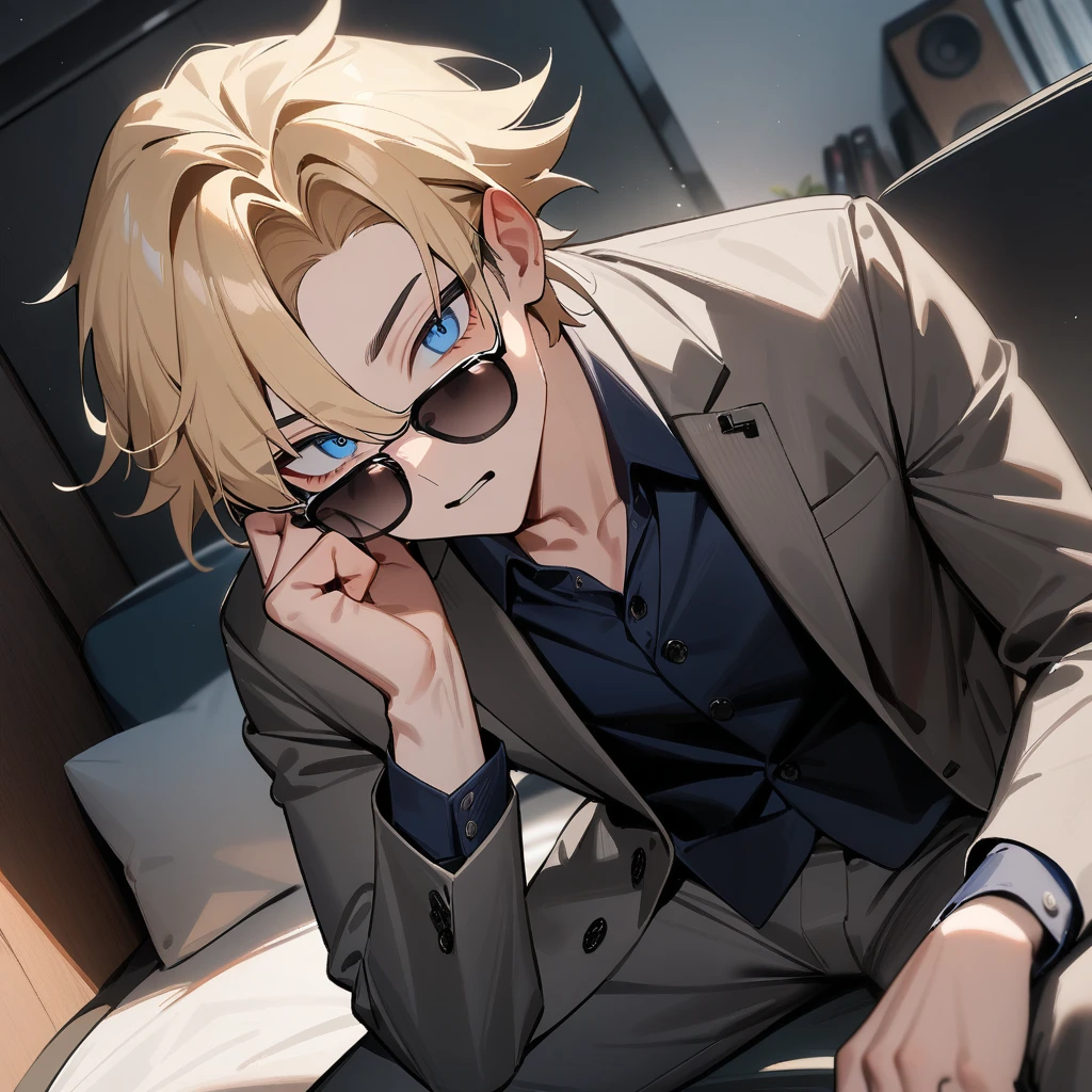 1boy,18 years old, atractive,suit,brown and blonde hair,sunglasses,blue eyes,livingroom,cool,masterpiece,very aesthetic,newest,sensitive