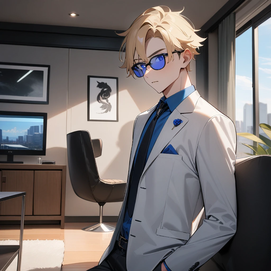 1boy,18 years old, atractive,suit,brown and blonde hair,sunglasses,blue eyes,livingroom,cool,masterpiece,very aesthetic,newest,sensitive