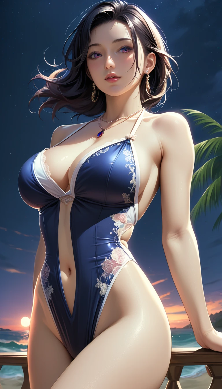 score_9, score_8_superior, score_7_superior, Masterpieces with up to 16K resolution,Highest quality,it is really amazing,Very detailed,Ultra-high resolution,Real,Realistic,Increased depth of field,Cinematic lighting,
(sexy japanese milf:1.5),
Long black hair,Ultra-detailed and beautiful faces,Translucent white skin,Very detailedな肌の質感,Slender body,Anatomically correct body,
(Elegant swimwear:1.5),
Artistic design,Beautiful and detailed pattern,Detailed fabric texture,
Gorgeous necklace,Earrings,
(Coastal scenery at night:1.5),
Dark Clouds,Dark Sky,delay々Continuing sandy beach, Deserted Beach,Dark sea surface,
Cinematic Angle,