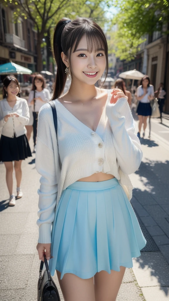 (8K、Raw photography、top-quality、​masterpiece:1.2)、(realisitic、Photorealsitic:1.37)、ultra-detailliert、超A high resolution、1 fair-skinned girl、beautifull detailed face、In the street、full body Esbian、poneyTail、hand bag、Cardigan、flered skirt、(glowing earrings)、a smile