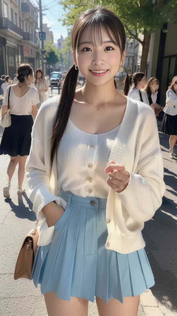 (8K、Raw photography、top-quality、​masterpiece:1.2)、(realisitic、Photorealsitic:1.37)、ultra-detailliert、超A high resolution、1 fair-skinned girl、beautifull detailed face、In the street、full body Esbian、poneyTail、hand bag、Cardigan、flered skirt、(glowing earrings)、a smile