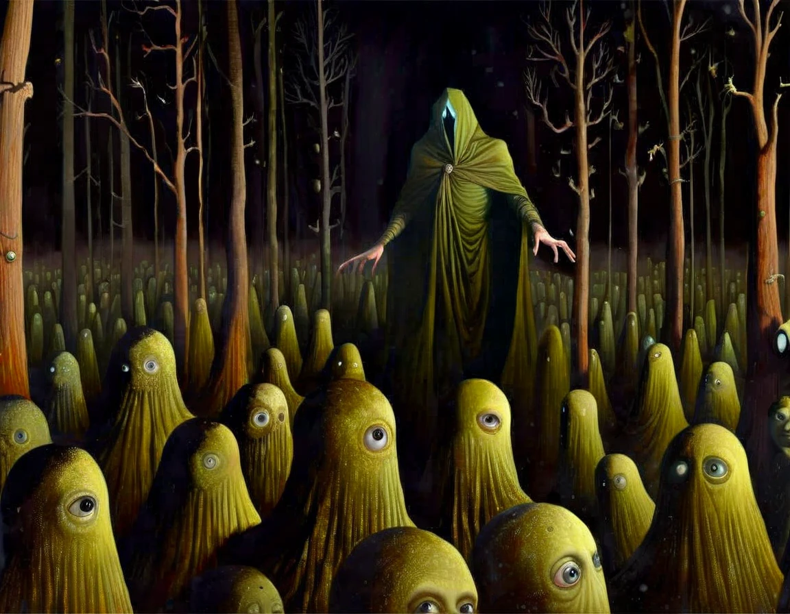 surreal-xl, absurd, bizarre, eerie, fanciful, fantastic, ludicrous, Shadow people watching us inside a dark horror forest, heroic lighting, folklore, intricate, highly detailed, lifelike, photorealistic, digital painting