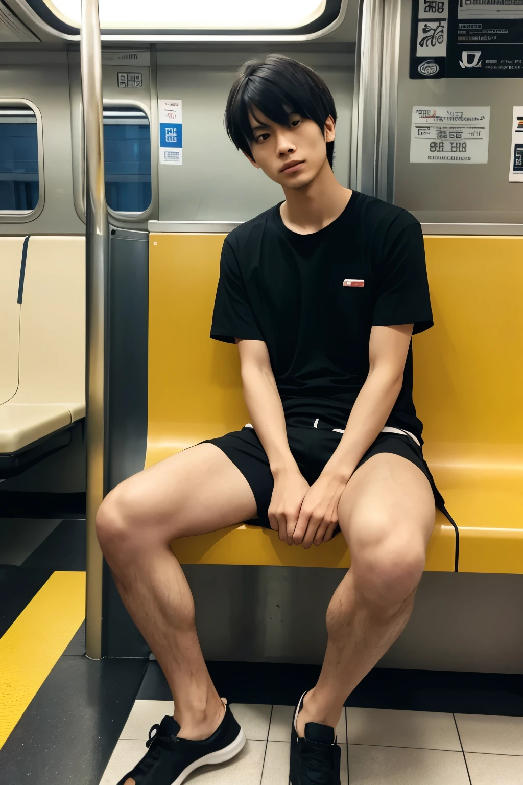 (super sharp focus), (Hairy legs), Toned Legs, whole body, Two Block, Messy short hair, Japanese man in his 20s, wearing shorts,very short hair, Black Hair, sitting in a train seat