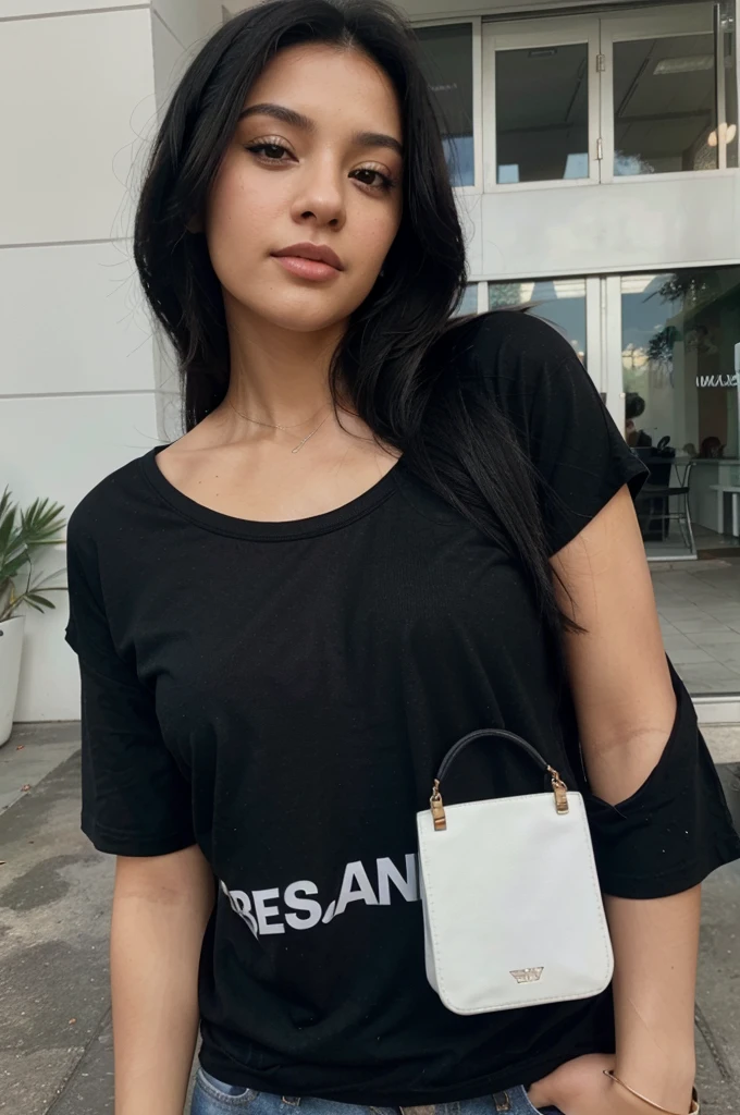 a beautiful woman with black hair that falls on her shoulders, typical Latina, she is wearing a black t-shirt, she is holding a small credit card in her right hand, she is taking a selfie