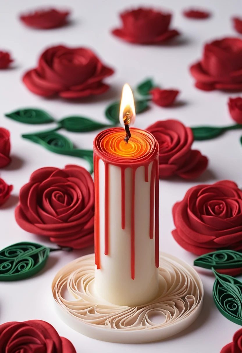 Burning melted candle on a background of red roses in quilling style