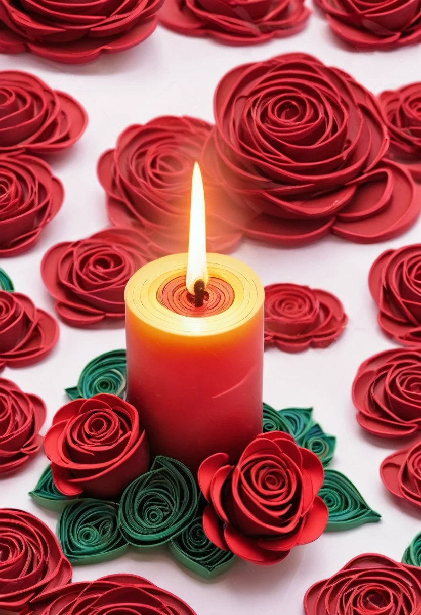 Burning melted candle on a background of red roses in quilling style