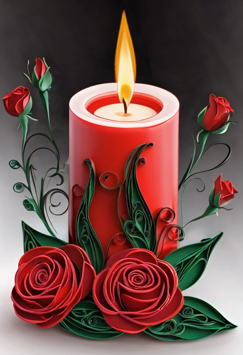 Burning melted candle on a background of red roses in quilling style