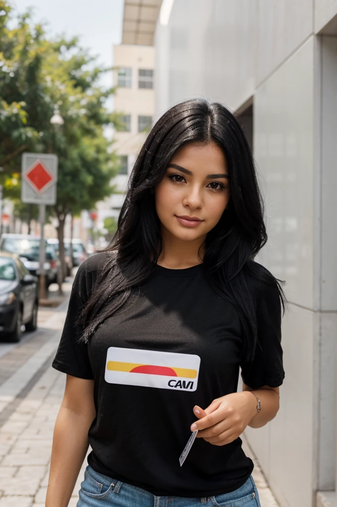 a beautiful woman with black hair that falls on her shoulders, typical Latina, she is wearing a black t-shirt, she is holding a small credit card in her right hand, she is taking a selfie