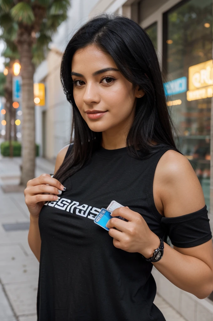 a beautiful woman with black hair that falls on her shoulders, typical Latina, she is wearing a black t-shirt, she is holding a small credit card in her right hand, she is taking a selfie
