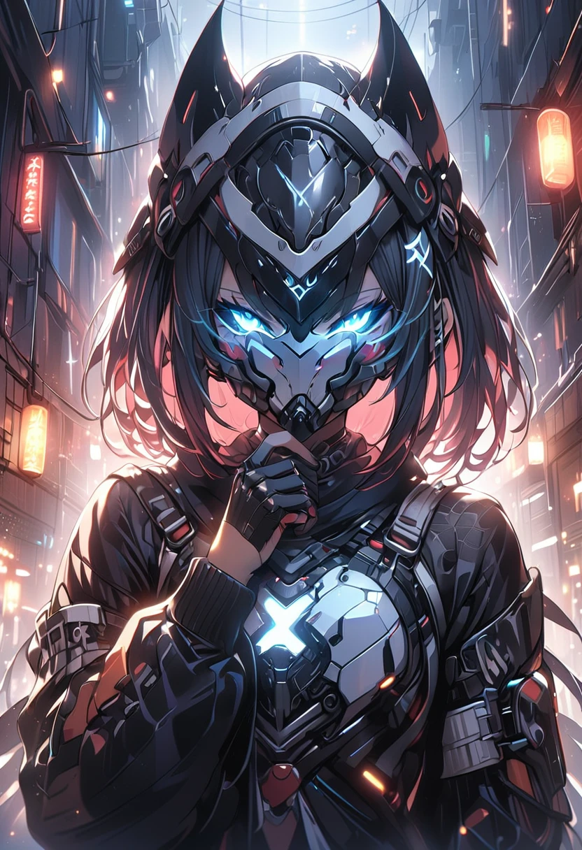 ((masterpiece,high resolution,best quality,8K))
(一名黑皮肤female子,15 years old,flat chest,slim,Black short hair,Dark Skin)(female,60% Mechanical,Mechanical helmets,Face covering helmet)
(Black and Lights)Horus