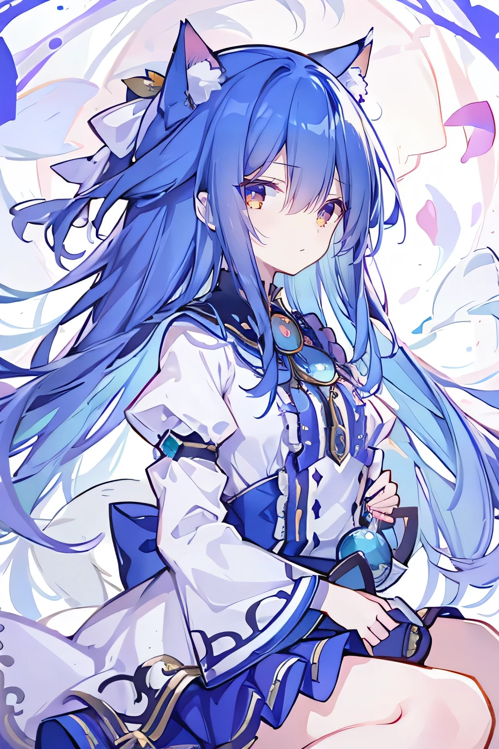 (masterpiece:1.2),Super detailed,lifelike,Expressive eyes,fair skin,perfect face shape,1 girl,
Japanese comics,Gorgeous blue hair,flowing blue hair,flowing clothes,Cat ears,Petals fall,beautiful lola,Baby Angel,
Shaking head with one hand,Cross your legs,,The pavilion is cool and comfortable,smile,back views,sunrise,Petals fall