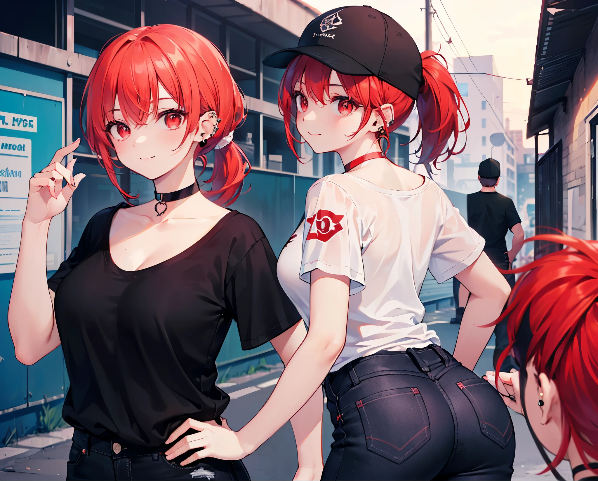 (Close-up:1.3),Realistic,Highest quality, Ultra Detail, High-quality CG rendering, The most delicate and beautiful, Floating softly, High resolution, (1 girl), (Highest quality,4K,8k,masterpiece:1.2),(All red hair:1.5), (ponytail:1.5),(Red eyes:1.5),(Slightly larger breasts:1.2), (Oversized black short sleeve t-shirt:1.3),(Black skinny jeans:1.3),(Black baseball cap:1.3),In the city,old buildings,Narrow back alley,(Turn your back to your audience:1.3),Butt,Are standing,smile,(Piercing in left ear:1.3),(Pitch black choker:1.5)