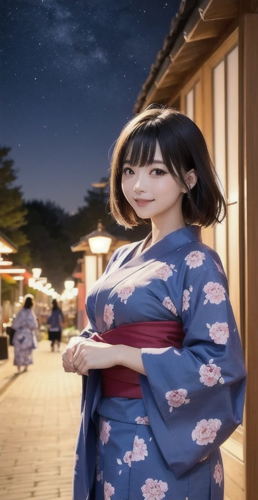 ＡＩbeauty、Real beauty、Yukata Prompt、狐耳beauty、Night view、The background is a shrine festival at night.、Floral Yukata、Show off your whole body、Beautiful woman with a big smile、