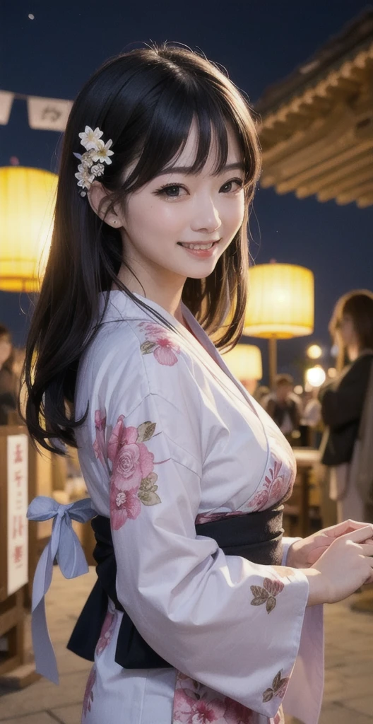 AIbeauty、Real beauty、Yukata Prompt、狐耳beauty、Night view、The background is a shrine festival at night.、Floral Yukata、Show off your whole body、Beautiful woman with a big smile、