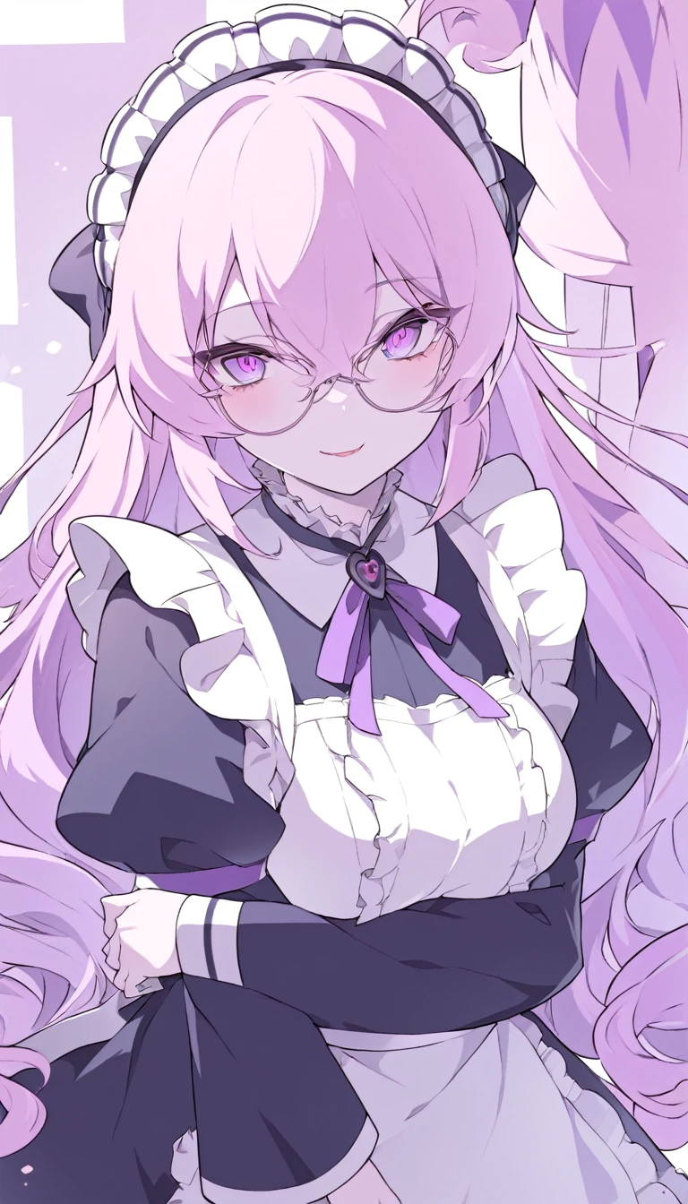 Anime-style furry characters. Slim and agile, Coat in purple and pink shades, Delicate features, Deep purple eyes, flowing silky hair, A maid in a perfect uniform in purple and pink hues.