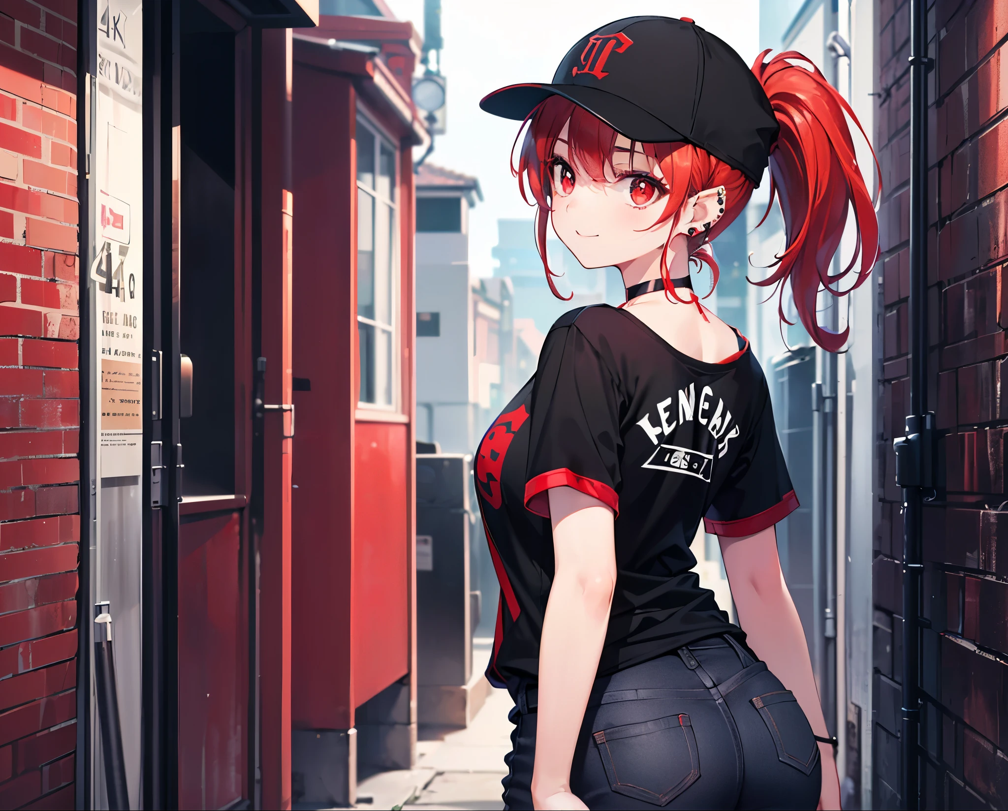 (Close-up:1.3),Realistic,Highest quality, Ultra Detail, High-quality CG rendering, The most delicate and beautiful, Floating softly, High resolution, (1 girl), (Highest quality,4K,8k,masterpiece:1.2),(All red hair:1.5), (ponytail:1.5),(Red eyes:1.5),(Slightly larger breasts:1.2), (Oversized black short sleeve t-shirt:1.3),(Black skinny jeans:1.3),(Black baseball cap:1.3),In the city,old buildings,Narrow back alley,(Turn your back to your audience:1.3),Butt,Are standing,smile,(Piercing in left ear:1.3),(Pitch black choker:1.5)