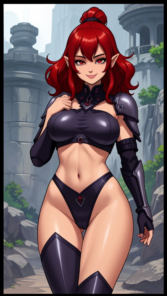 A dark elf warrior, tight body armor, large breasts, wide hips, discreet smile, Wavy red hair, a collar around her neck, (high quality, 4k resolution, focus on details)