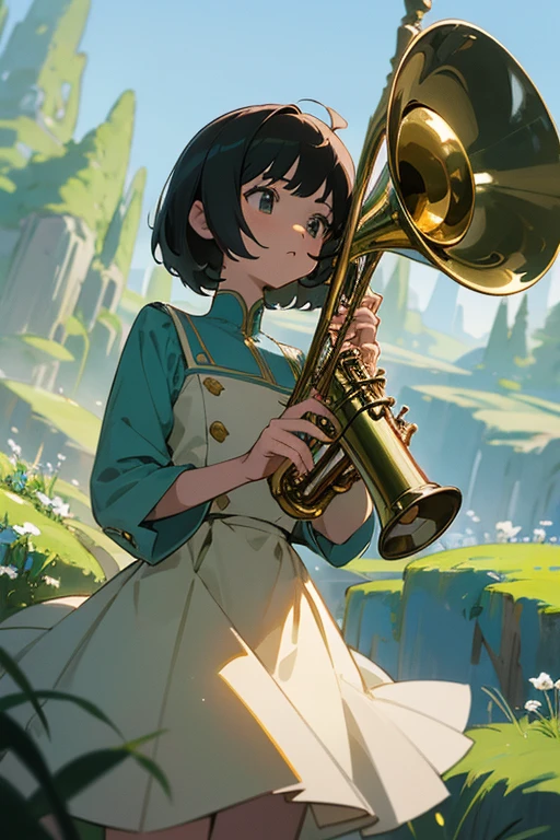 masterpiece,best quality,super detailed,super fine illustration,8k,pov scene,beautiful background,anime style,a girl,short hair,dress,Break she plays a trumpet.,perfect hands,perfect fingers,break perfect trumpet,detailed trumpet,break masterpiece,best quality,beautiful beautiful beautiful,break blue sky,green forest,detailed background,artistic,