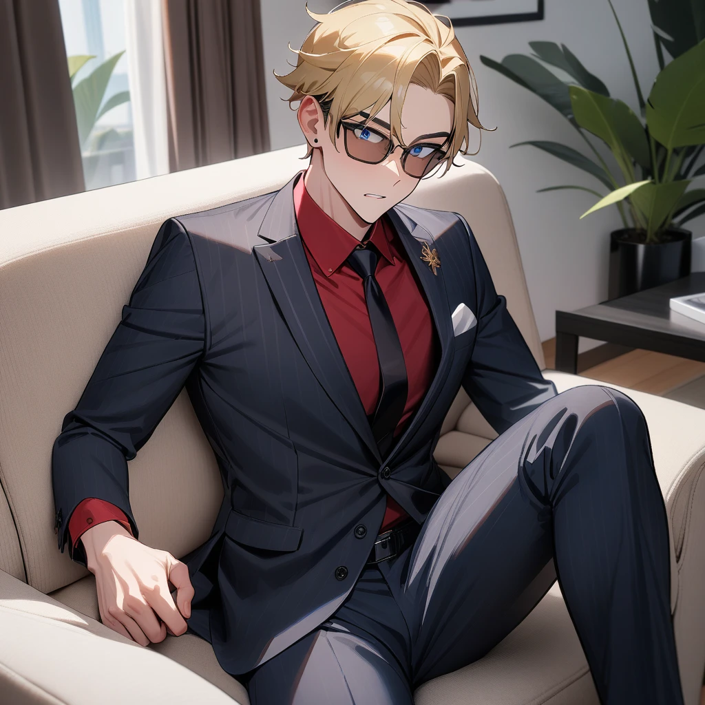 1boy,atractive,suit,brown and blonde hair,sunglasses,blue eyes,livingroom,cool,masterpiece,very aesthetic,newest,sensitive