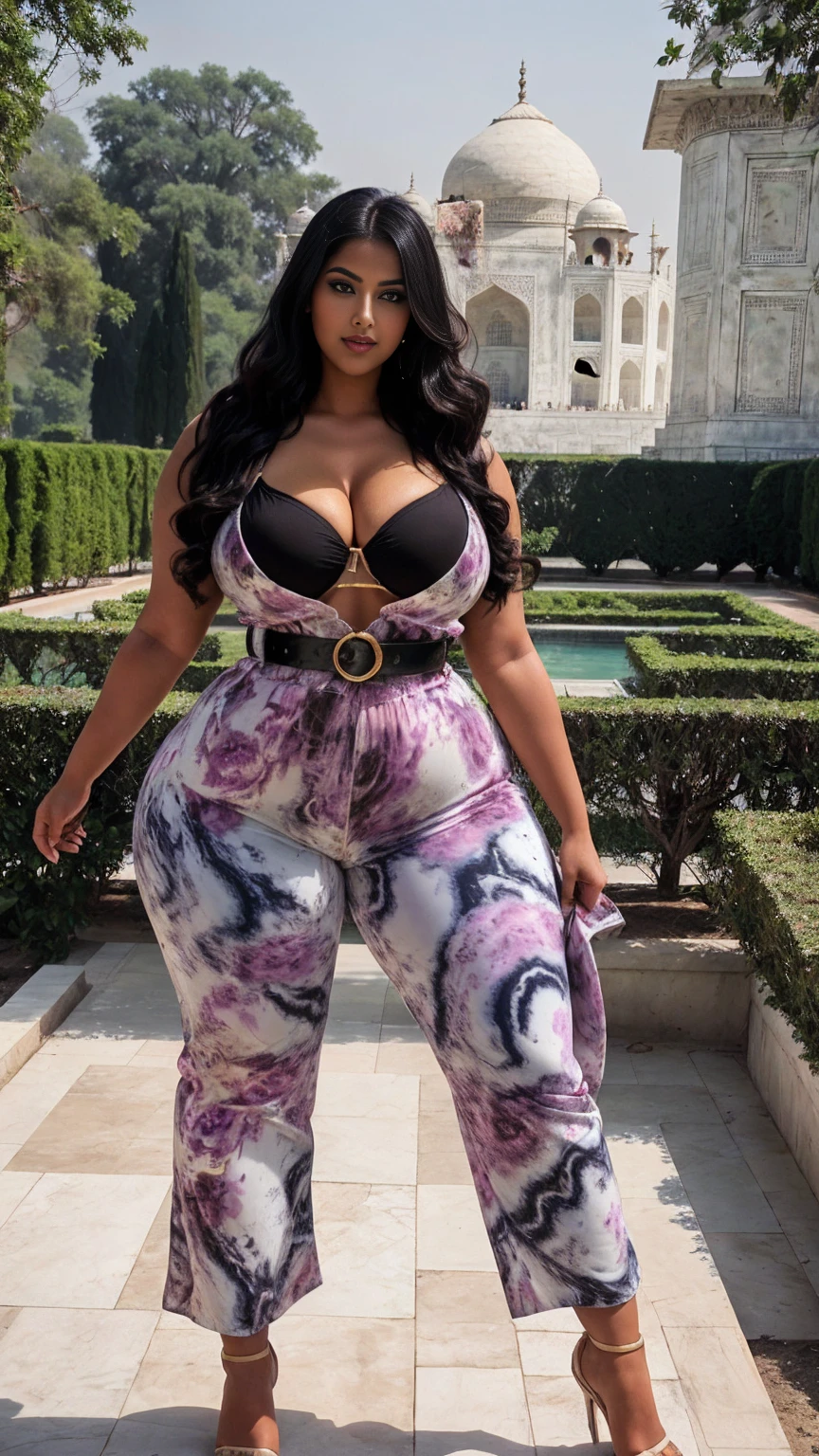 swastika mukharjee Indian beautiful woman curvy plus size hour glass bulky huge figure woman, closeup camera view, big huge m-cup breast, wearing age Girls' Tropical Plant Printed Jumpsuit With Belt For Vacation , covered Bust , elegant standing position, eye contact view, different style hairstyle, bright eyes, thin eyebrows, fair skin, blushing cheeks, prefect head to toe view, full body, ideal for high-fashion or editorial shoots, ultra realistic skin texture, head to toe view, full body shot, full body view, smile face, black hair, Indian face, perfect skin tone light, ultra realistic skin texture, bigger waist, busty, big hips, fleshy thighs, thick thighs, busty, full body view, Taj Mahal, Agra, India: Exquisite marble mausoleum with gardens.