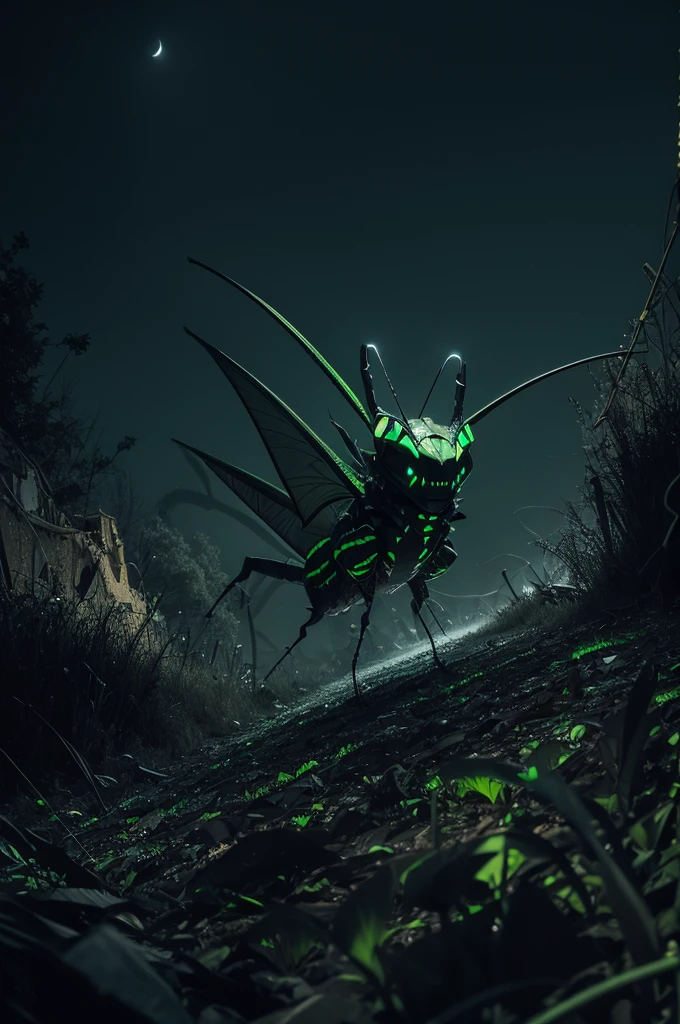 giant grasshopper floating in the night, in black and scary color
