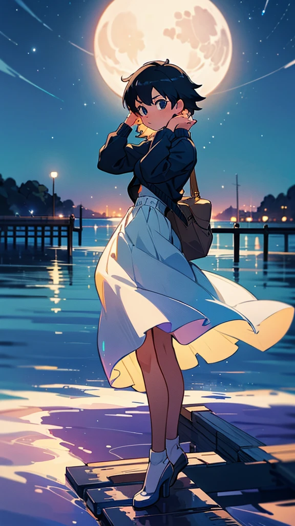 The girl is sitting on the pier, Stretch your legs out towards the sparkling water. overhead, The bottomless night sky is studded with stars, The full moon reflected on the water, Make a sparkling path. Her bag is next to her, Like a faithful friend. The blue one is leaning against a wooden railing., Put her head on her hands, And gaze thoughtfully at the moonlit road Makoto Shinkai style