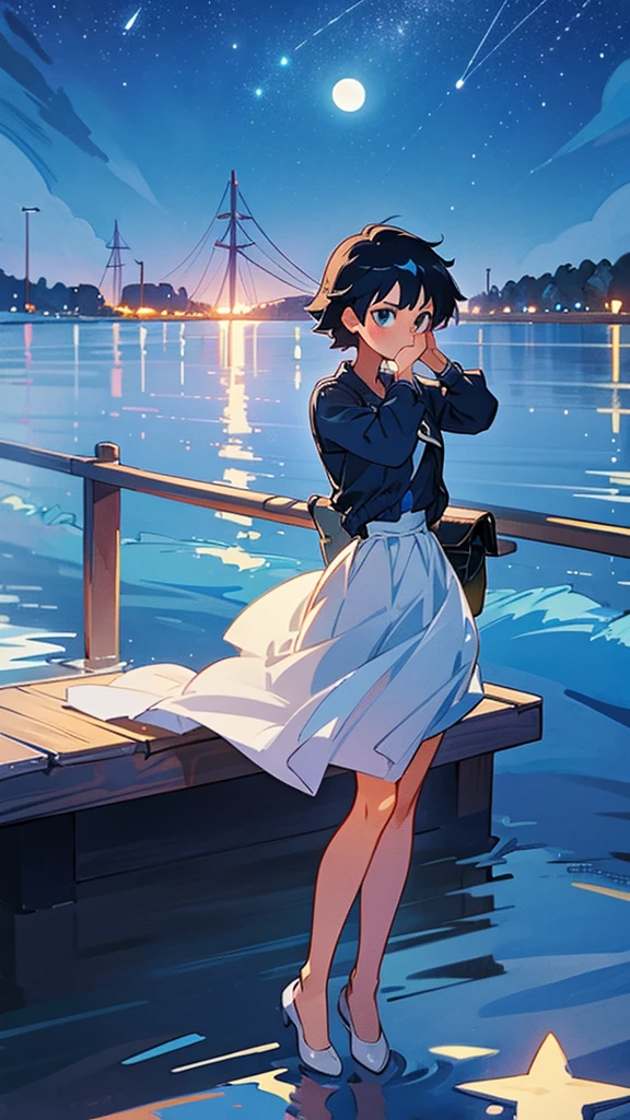 The girl is sitting on the pier, Stretch your legs out towards the sparkling water.  overhead, The bottomless night sky is studded with stars, The full moon reflected on the water, Make a sparkling path.  Her bag is next to her, Like a faithful friend.  The blue one is leaning against a wooden railing., Put her head on her hands, And gaze thoughtfully at the moonlit road　Makoto Shinkai style