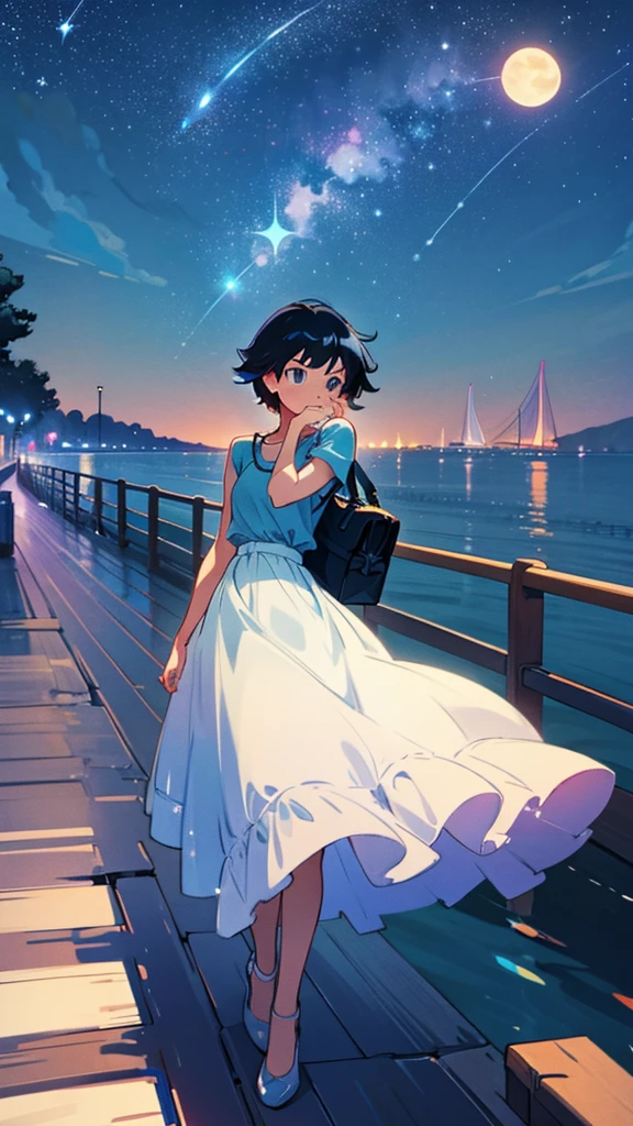 The girl is sitting on the pier, Stretch your legs out towards the sparkling water.  overhead, The bottomless night sky is studded with stars, The full moon reflected on the water, Make a sparkling path.  Her bag is next to her, Like a faithful friend.  The blue one is leaning against a wooden railing., Put her head on her hands, And gaze thoughtfully at the moonlit road　Makoto Shinkai style