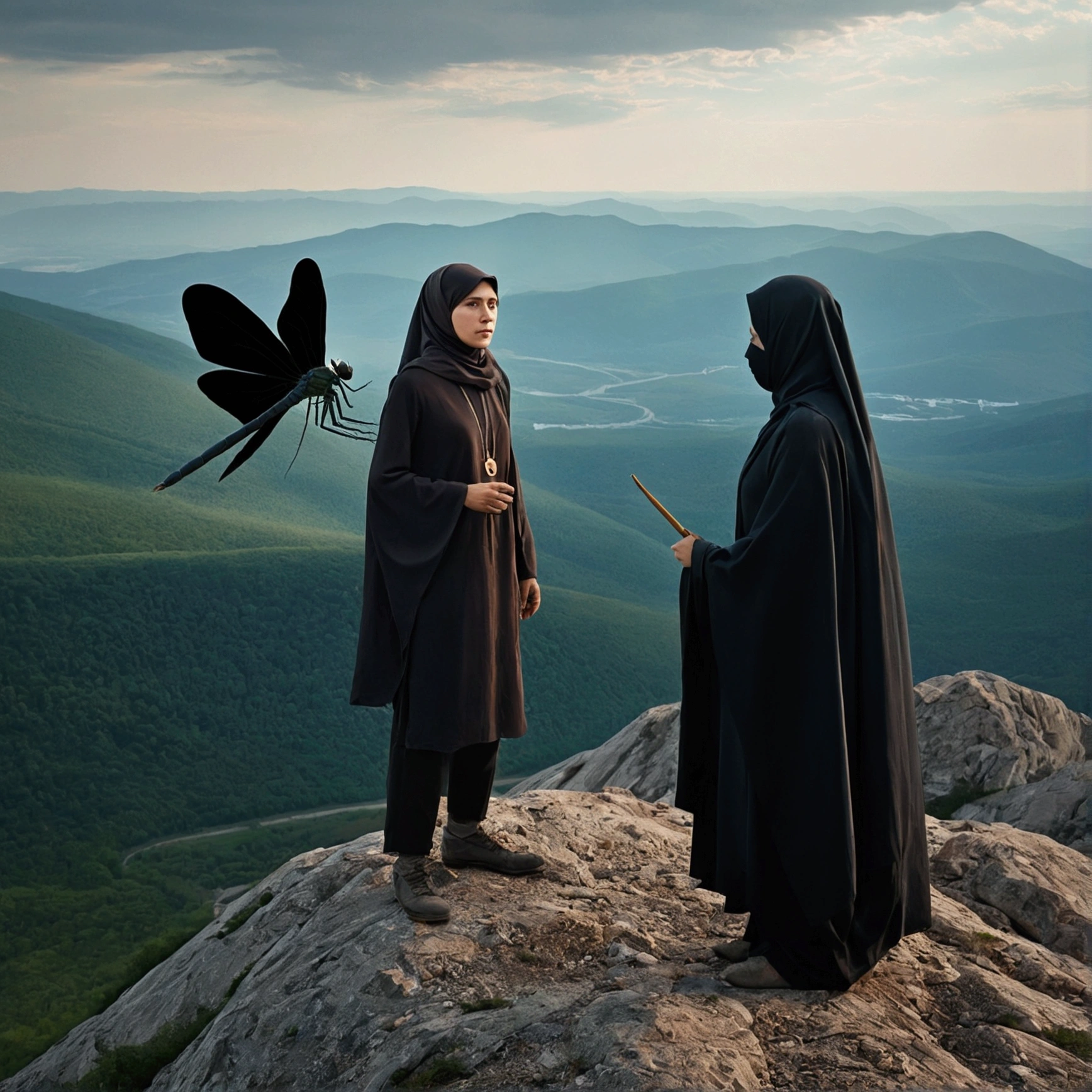 Two people pair up, men and women wearing the hijab, using dragonfly wings, they stood on a mountain, holding a black flag with a sharp tip, Sergey Zabelin, sergey krasovskiy, sergey vasnev, alexey egorov, beeple and jean giraud, Stefan Koidl, maxim sukharev, adim kashin, award-winning color photos, Very conceptual art, danila tkachenko