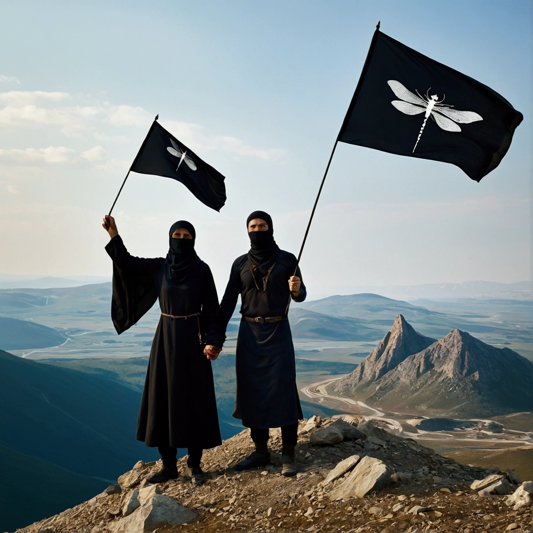 Two people pair up, men and women wearing the hijab, using dragonfly wings, they stood on a mountain, holding a black flag with a sharp tip, Sergey Zabelin, sergey krasovskiy, sergey vasnev, alexey egorov, beeple and jean giraud, Stefan Koidl, maxim sukharev, adim kashin, award-winning color photos, Very conceptual art, danila tkachenko