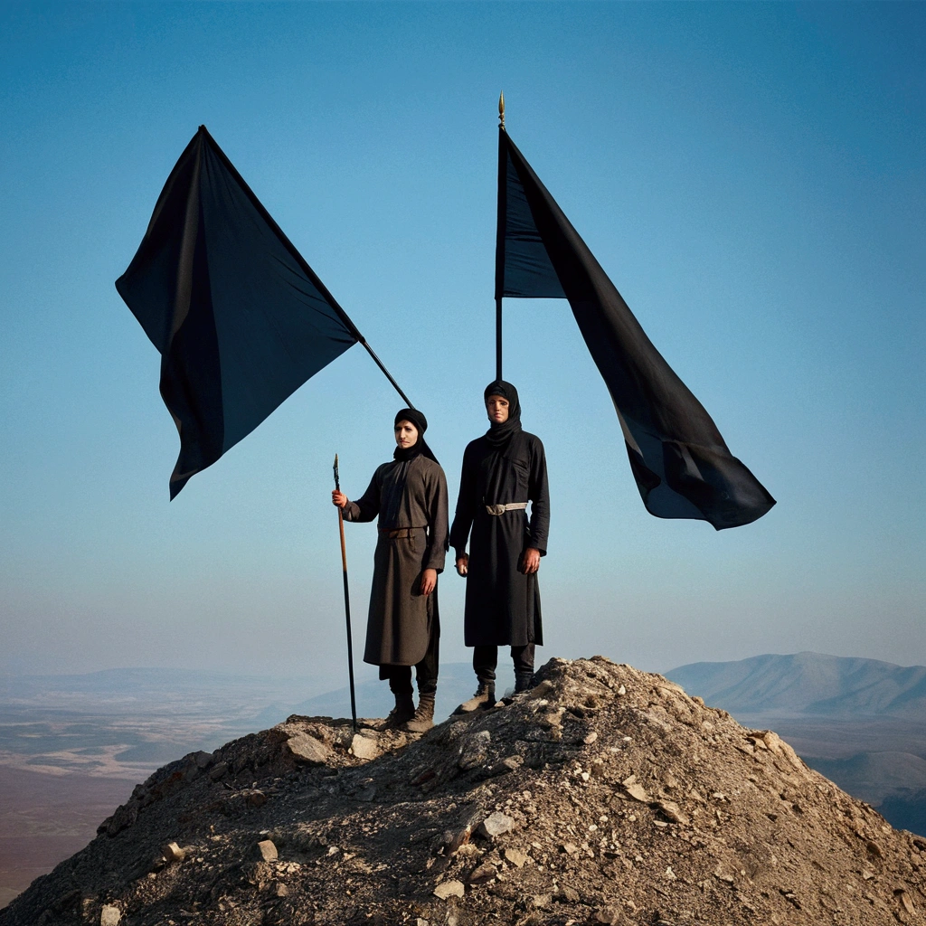 Two people pair up, men and women wearing the hijab, using dragonfly wings, they stood on a mountain, holding a black flag with a sharp tip, Sergey Zabelin, sergey krasovskiy, sergey vasnev, alexey egorov, beeple and jean giraud, Stefan Koidl, maxim sukharev, adim kashin, award-winning color photos, Very conceptual art, danila tkachenko