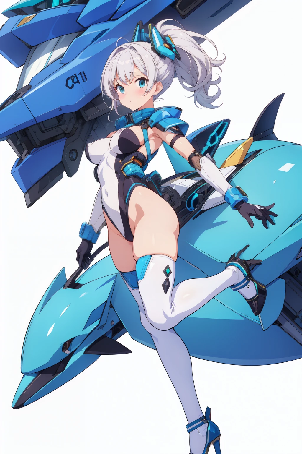 16k, highres, best quality, simple back ground, white background, full body shot, front view,
, official art,character reference:1.4, multiple angle:1.2 , mecha musume:1.3, breasts close up, epic ecchi:1.4, exoskeleton:1.7, mechanized body suit combination dolphin:1.6, white and blue,
, 1 milf idol oneesan girl, standing, slingshot leotard, mechanized armor:1.4, thighhighs ,high heel:1.2