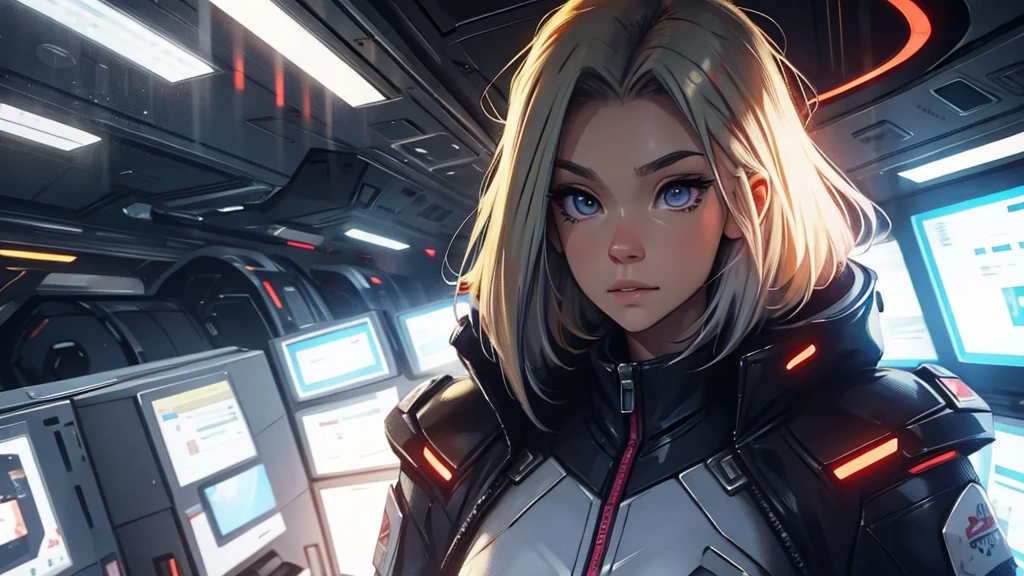 red hair, portrait, light vintage blonde color hair, scientist character, female, super strong, female, blonde and silver clothing, cyberpunk female, short blonde hair, portrait, close-up, in a spaceship hangar, a female in a sci-fi jumpsuit with led lights making shapes, she has short light green hair, purple eyes, silver clothing.