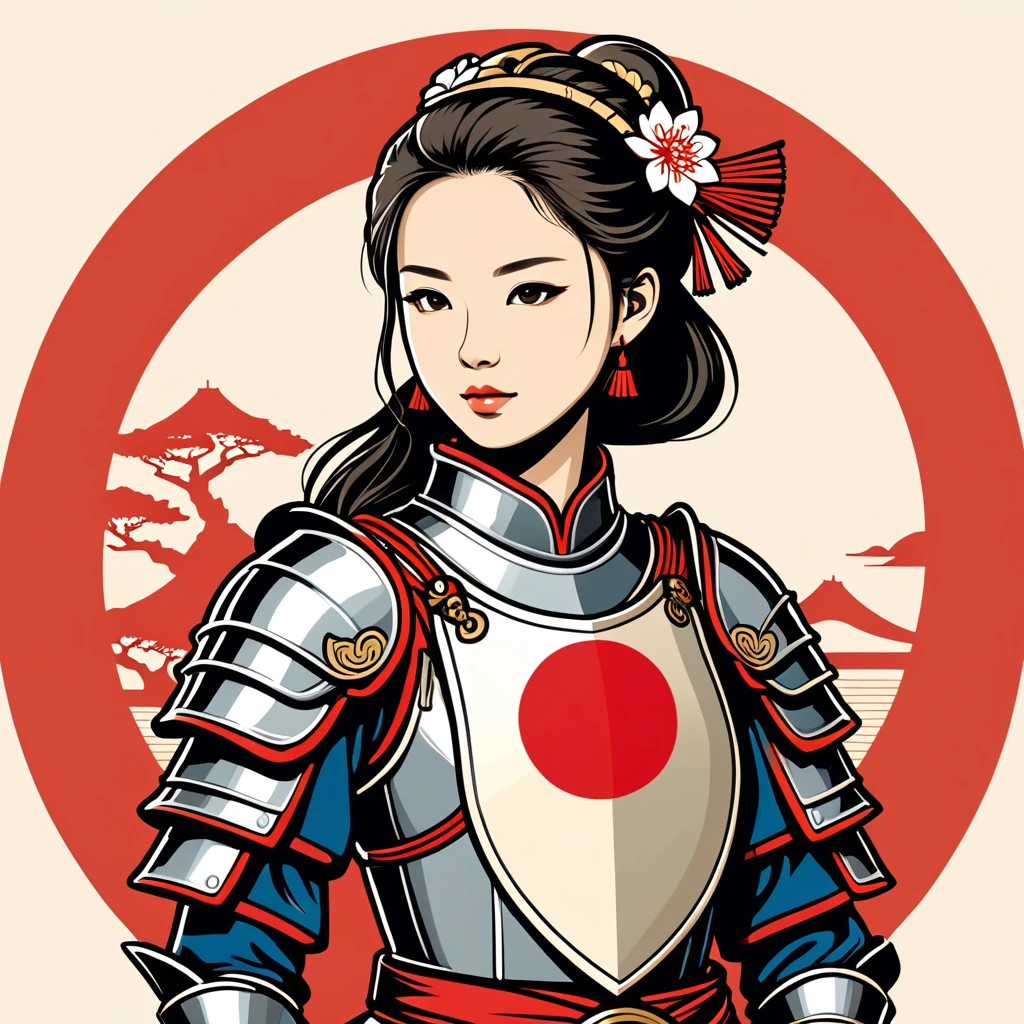 female knight  in japan folk outfit, vector graphics, strong contours, logo design
