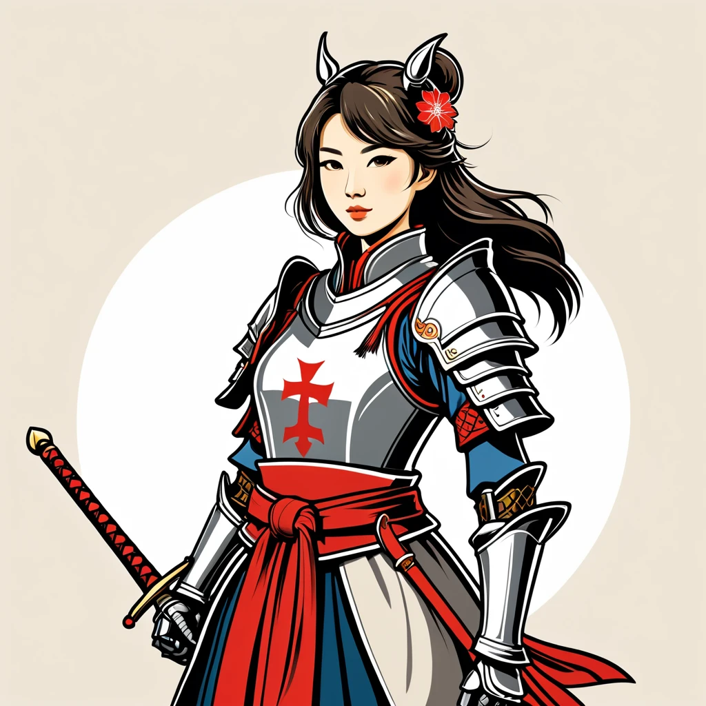female knight  in japan folk outfit, vector graphics, strong contours, logo design
