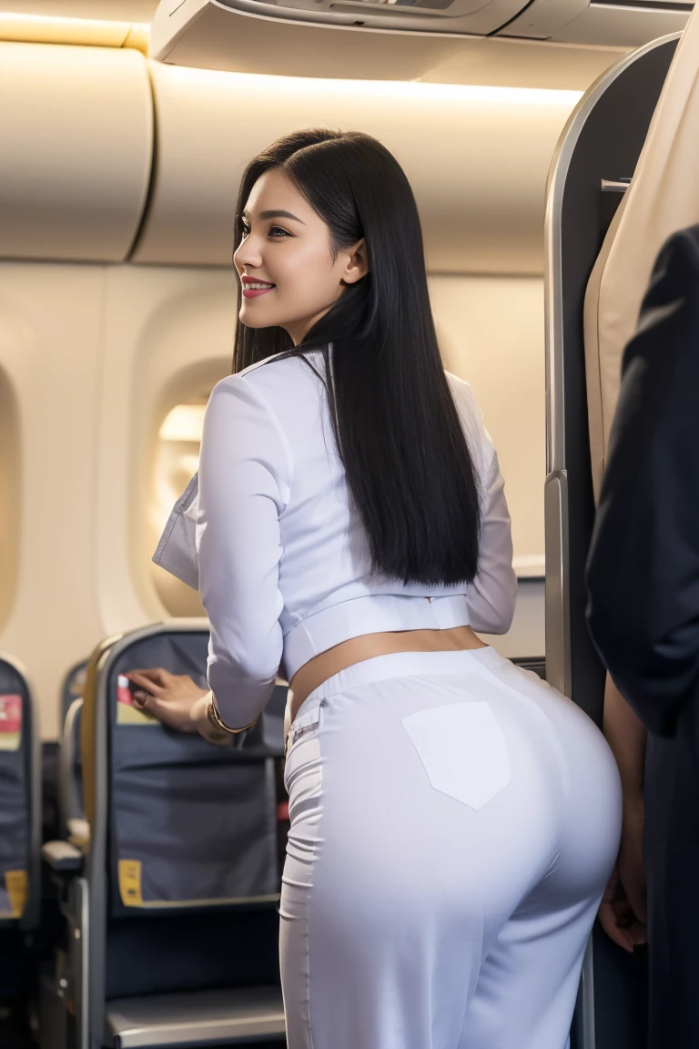 1womanl, 40 years、hyperdetailed face、Detailed lips、A detailed eye、double eyelid、(Black bob hair、Smiling as you walk slowly down the aisle)、(Stewardess uniform:1.2)、(Glamorous body)、(Colossal tits)、thighs thighs thighs thighs, Perfect fit, Perfect image realism, Background with: (Business Class aisle on airplanes:1.2), Cowboy Shot, In-depth background, detailed costume, Perfect litthing、Hyper-Realism、(Photorealsitic:1.4)、8K maximum resolution, (masterpiece), ighly detailed, Professional, butt facing camera, waist shot, back view, ((satin pant)),widest hips,protruding ass,seductive pose,