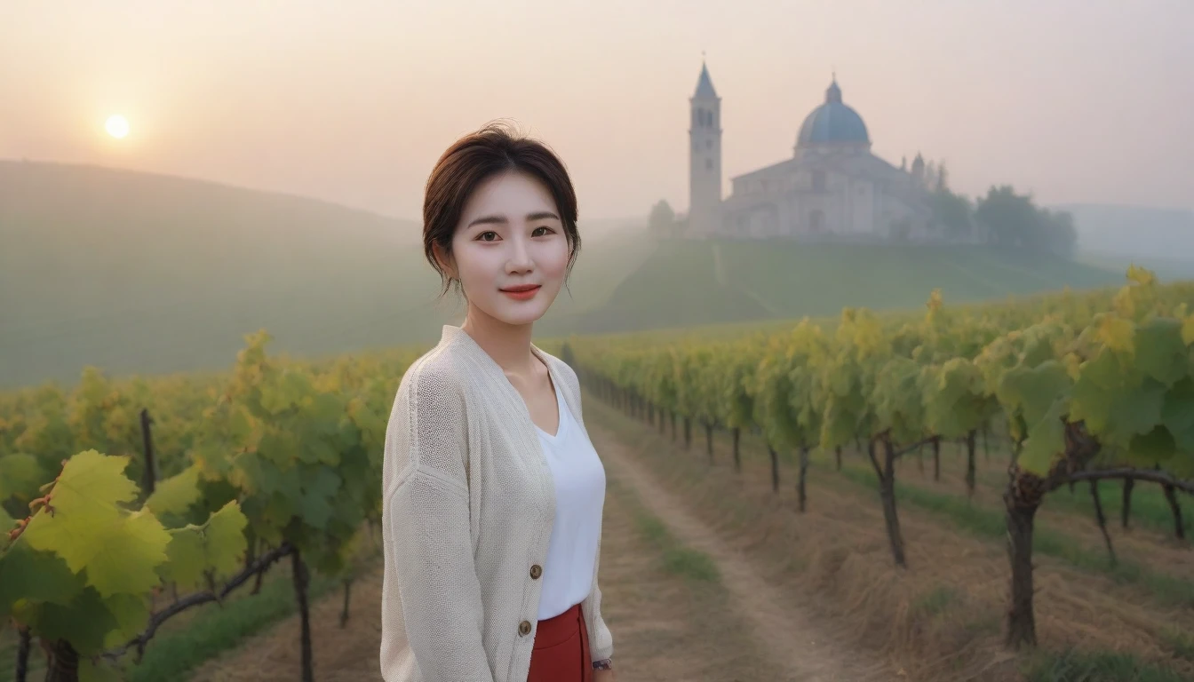 8k realistic, lifelike photo,, 36 year old Korean woman, Short in stature, pretty like a model. White shirt and short cardigan, casual pants, short medium hair, Smiley, Italy. vineyard, thick dawn fog. vineyard 멀리 짙은 안개 속으로 I can see the cathedral. 1 woman, Short in stature, Excellent picture quality, The morning fog is thick, The picture quality is alive. Looking up the side, sunrise red light, Wide angle lens full body shot, I can see the cathedral