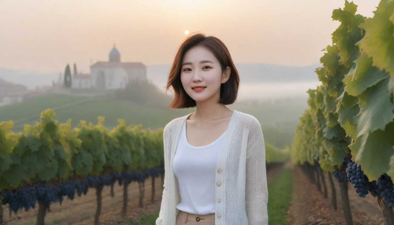 8k realistic, lifelike photo,, 36 year old Korean woman, Short in stature, pretty like a model. White shirt and short cardigan, casual pants, short medium hair, Smiley, Italy. vineyard, thick dawn fog. vineyard 멀리 짙은 안개 속으로 I can see the cathedral. 1 woman, Short in stature, Excellent picture quality, The morning fog is thick, The picture quality is alive. Looking up the side, sunrise red light, Wide angle lens full body shot, I can see the cathedral